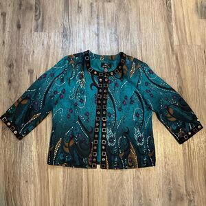 Trenz by Theresa Renz Silk Cardigan Artsy‎ Floral Jacket Wood Buttons Size Large